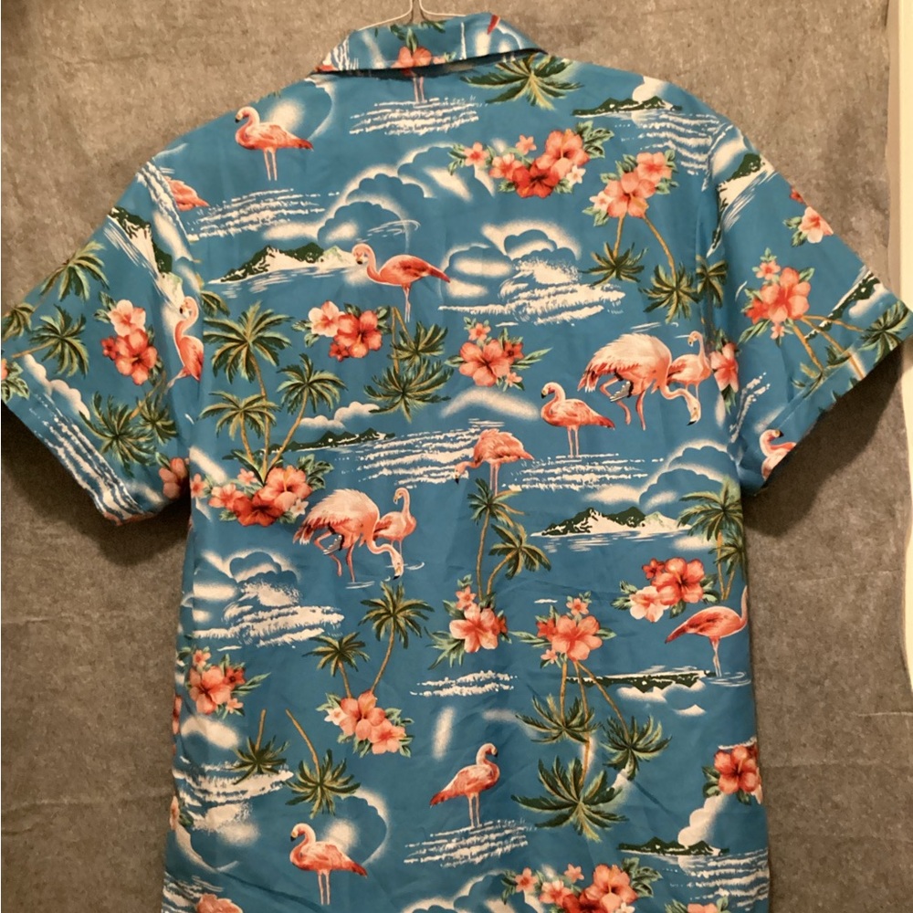 SSLR Blue Flamingo Print Short-Sleeve Button-Down Shirt. B12 - Picture 4 of 7